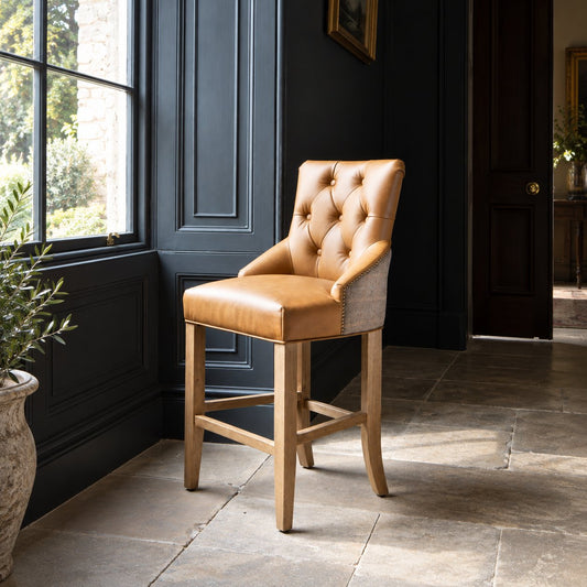 Carlton Furniture Genoa Barstool in Tan leather and Harrington Wool - Wood Legs in Natural finish — lifestyle setting