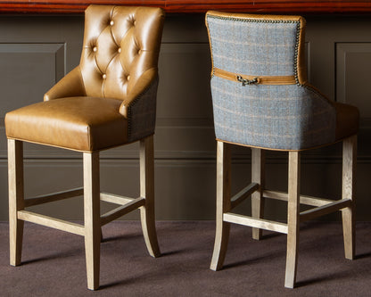 Carlton Furniture Genoa Barstool in Tan leather and Harrington Wool - Wood Legs in Natural finish — lifestyle setting