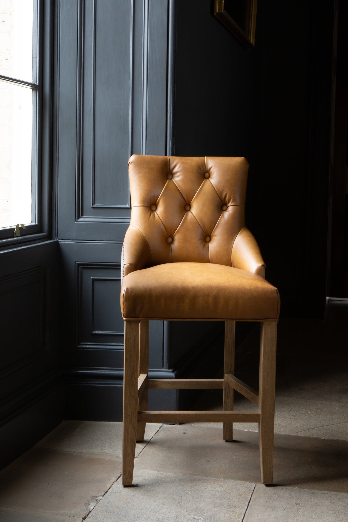 Carlton Furniture Genoa Barstool in Tan leather and Harrington Wool - Wood Legs in Natural finish — lifestyle setting