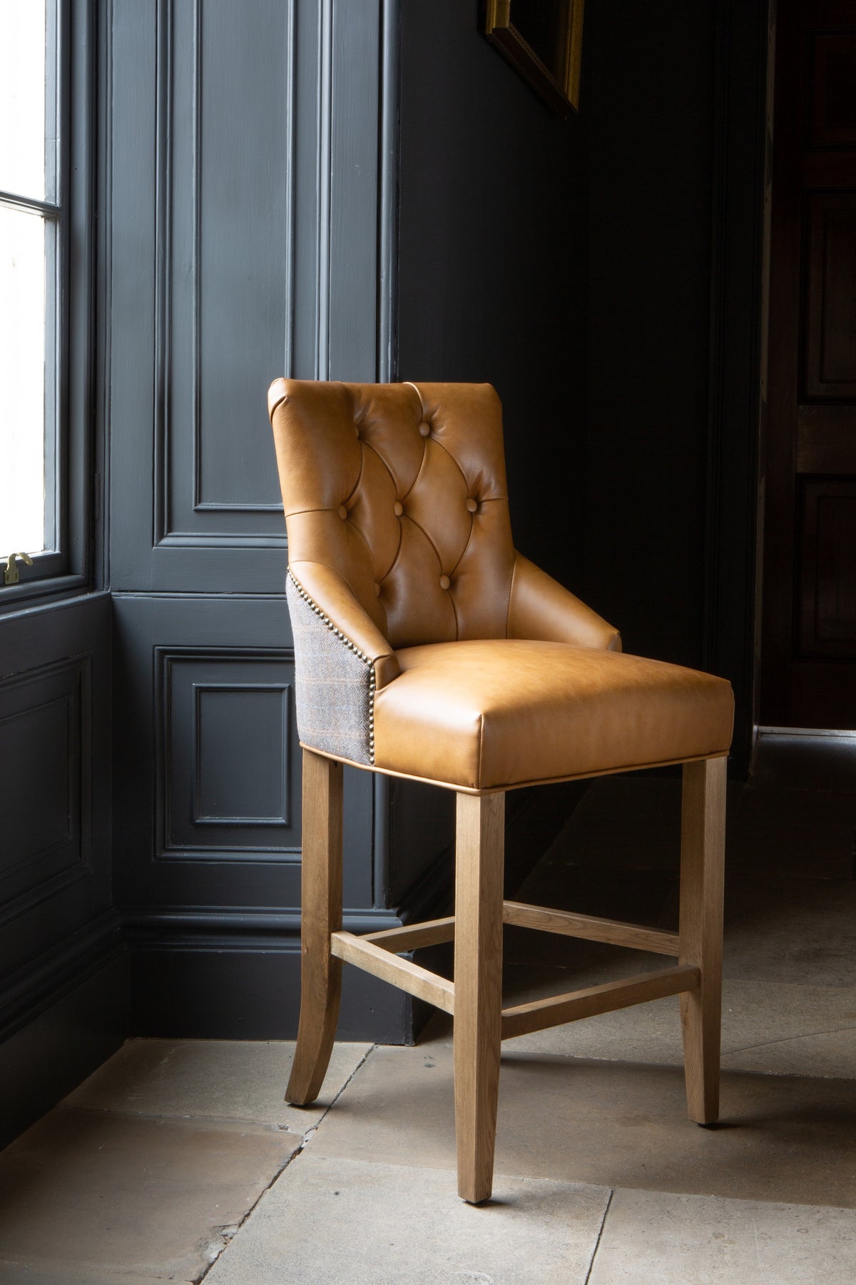 Carlton Furniture Genoa Barstool in Tan leather and Harrington Wool - Wood Legs in Natural finish — lifestyle setting
