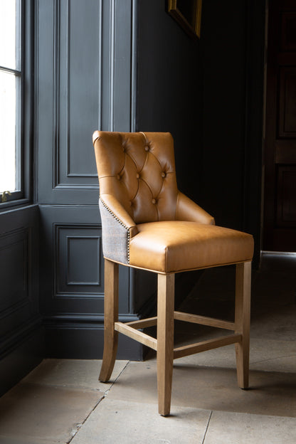 Carlton Furniture Genoa Barstool in Tan leather and Harrington Wool - Wood Legs in Natural finish — lifestyle setting