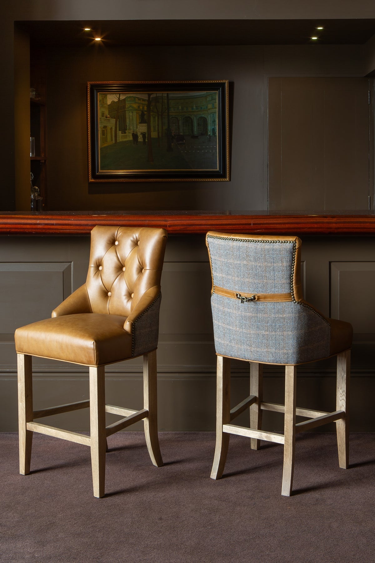 Carlton Furniture Genoa Barstool in Tan leather and Harrington Wool - Wood Legs in Natural finish — lifestyle setting