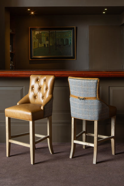 Carlton Furniture Genoa Barstool in Tan leather and Harrington Wool - Wood Legs in Natural finish — lifestyle setting