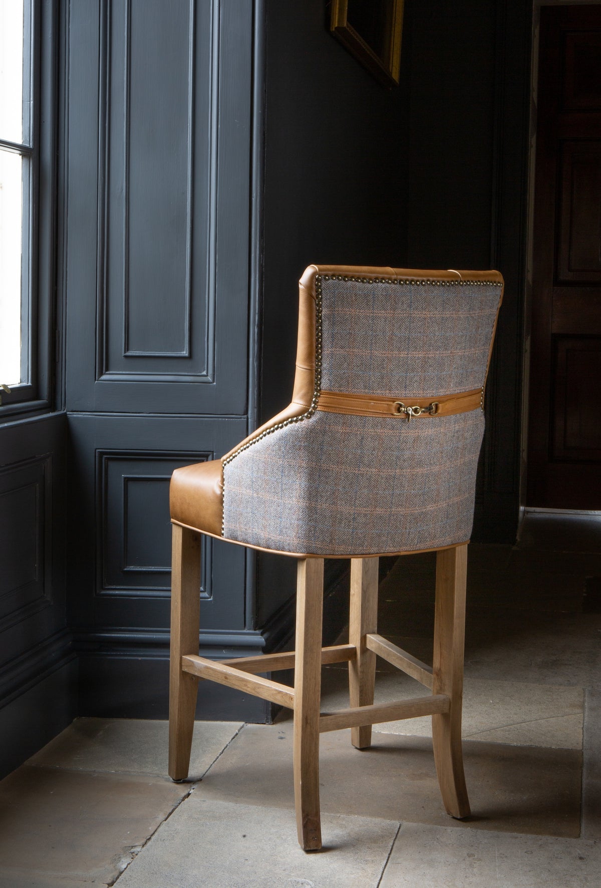 Carlton Furniture Genoa Barstool in Tan leather and Harrington Wool - Wood Legs in Natural finish — lifestyle setting
