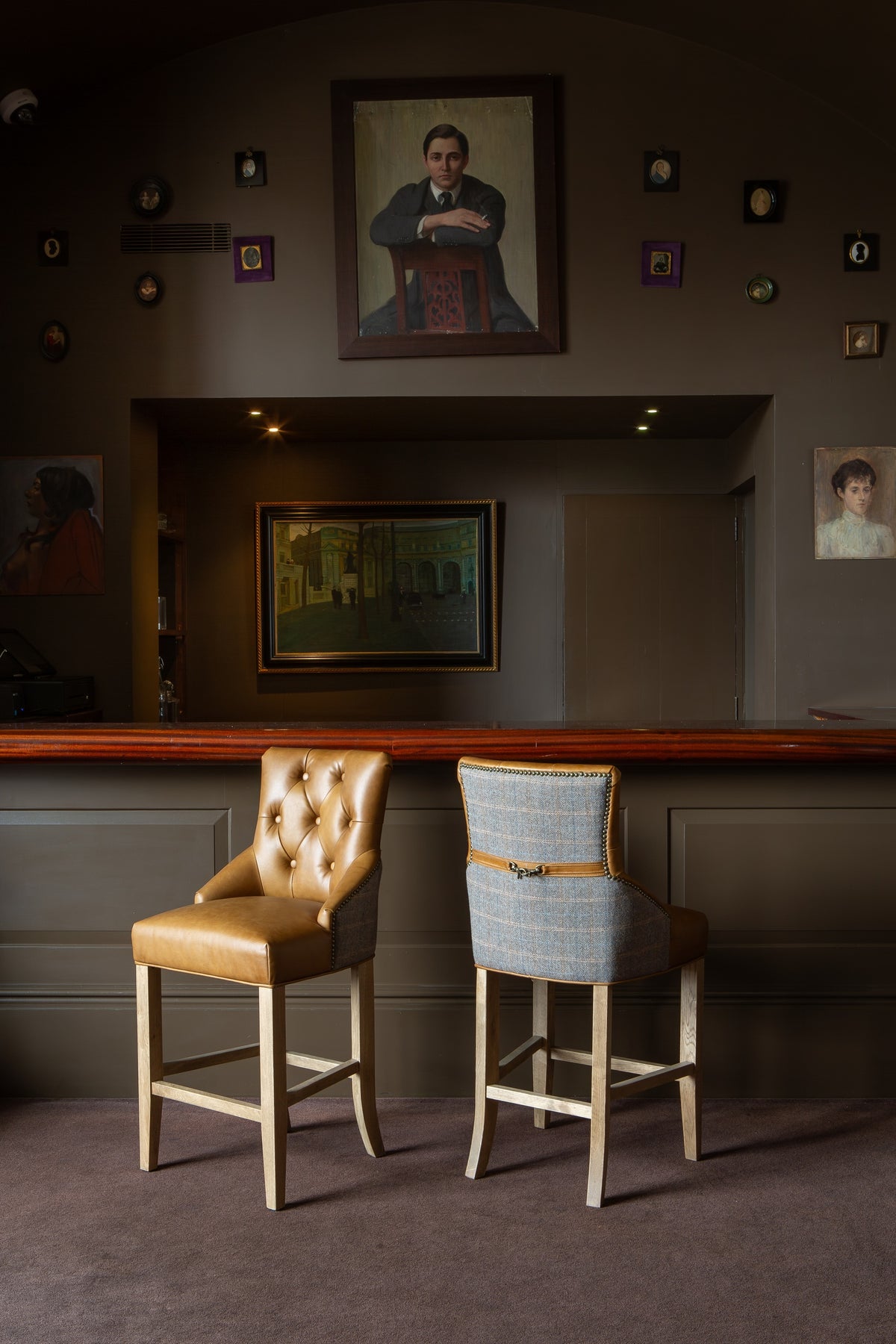 Carlton Furniture Genoa Barstool in Tan leather and Harrington Wool - Wood Legs in Natural finish — lifestyle setting