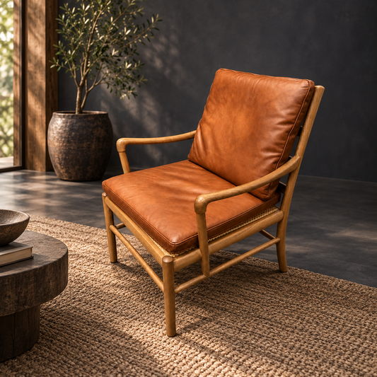 Carlton Furniture Hans Leisure Armchair in Vintage Rattan Havana Brown and Green Canvas shown in a room setting