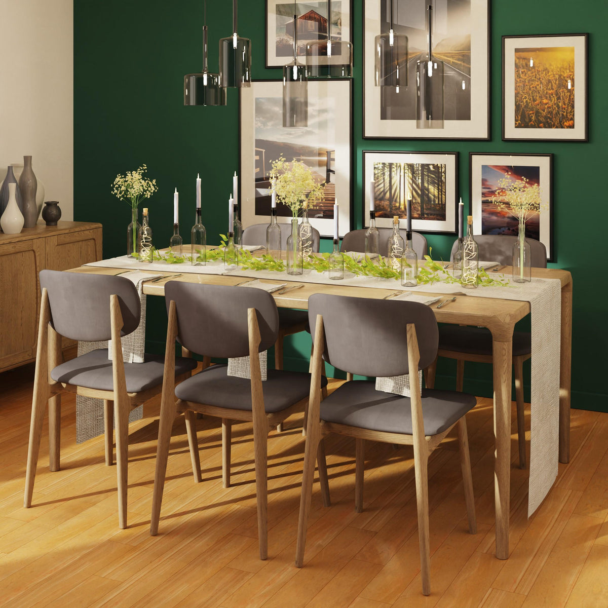Carlton Furniture Holcot Rectangular Dining Table in Grey - styled dining room view of table and chairs