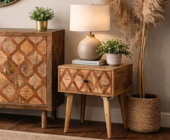 Carlton Furniture Ikat - Antique 1 Drawer Lamp Table with wooden legs — lifestyle setting
