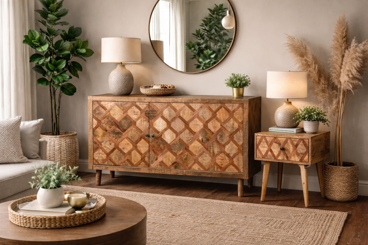 Carlton Furniture Ikat - Antique 1 Drawer Lamp Table with wooden legs — lifestyle setting