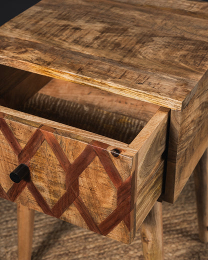 Carlton Furniture Ikat - Antique 1 Drawer Lamp Table with wooden legs — open drawer detail