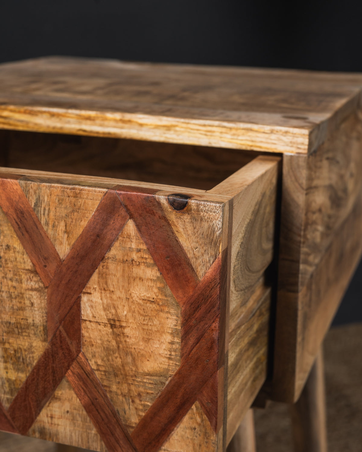 Carlton Furniture Ikat - Antique 1 Drawer Lamp Table with wooden legs — open drawer and parquet front detail