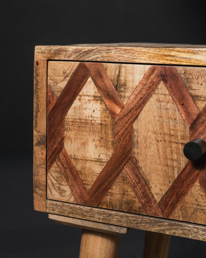 Carlton Furniture Ikat - Antique 1 Drawer Lamp Table with wooden legs — geometric drawer front detail