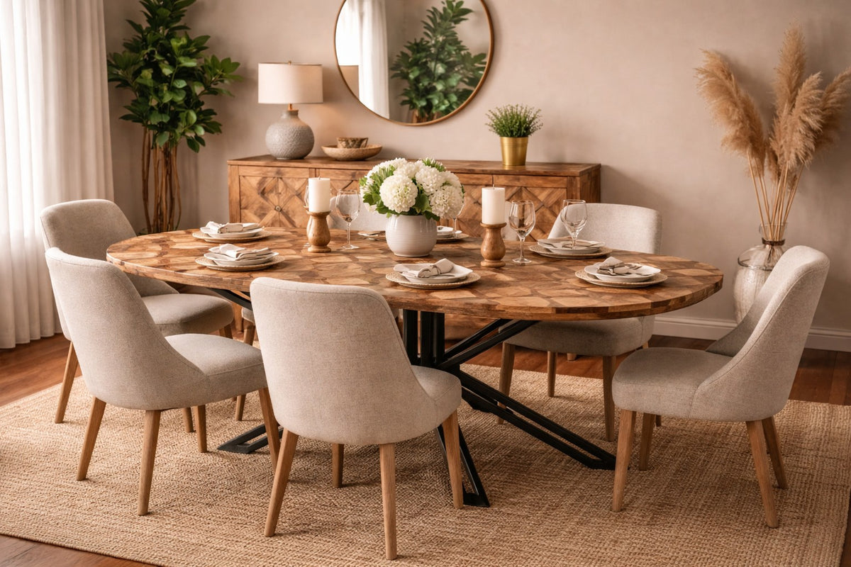 Carlton Furniture Ikat Antique D Shape Dining Table with Spider Metal Legs — lifestyle setting