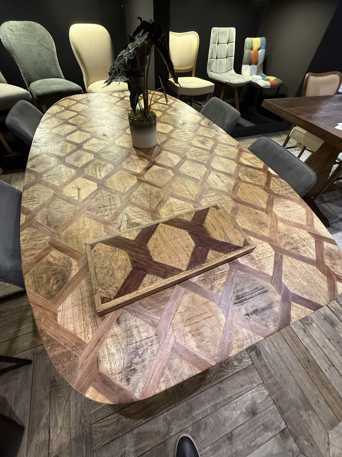Carlton Furniture Ikat Antique D Shape Dining Table with Spider Metal Legs — showroom tabletop and matching timber sample