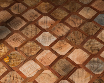 Carlton Furniture Ikat Antique D Shape Dining Table with Spider Metal Legs — geometric parquet tabletop detail