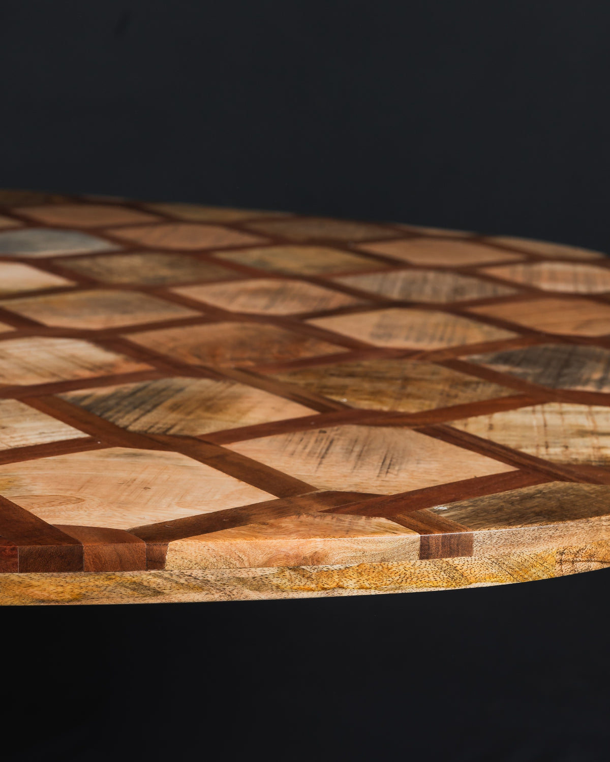 Carlton Furniture Ikat - Antique Oval Coffee Table with Spider Metal legs — geometric parquet tabletop detail