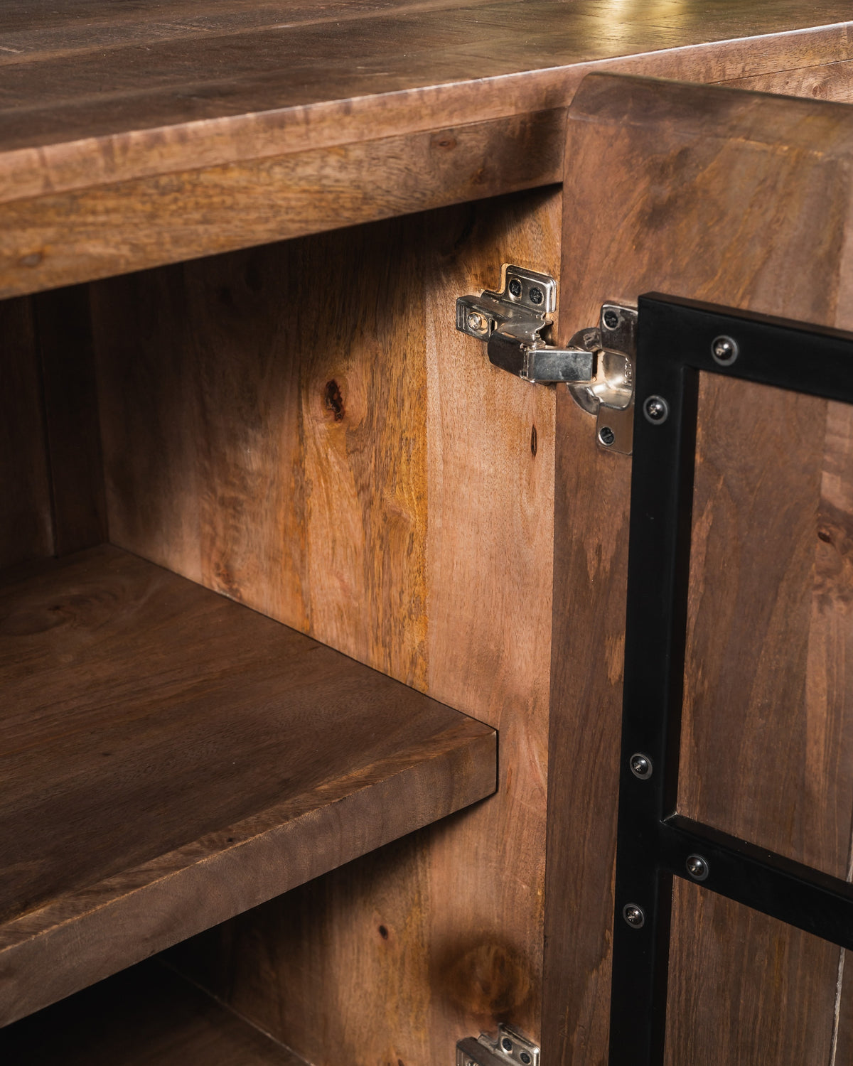 Carlton Furniture Lovell 3 Door Sideboard — inner shelf and hinge detail