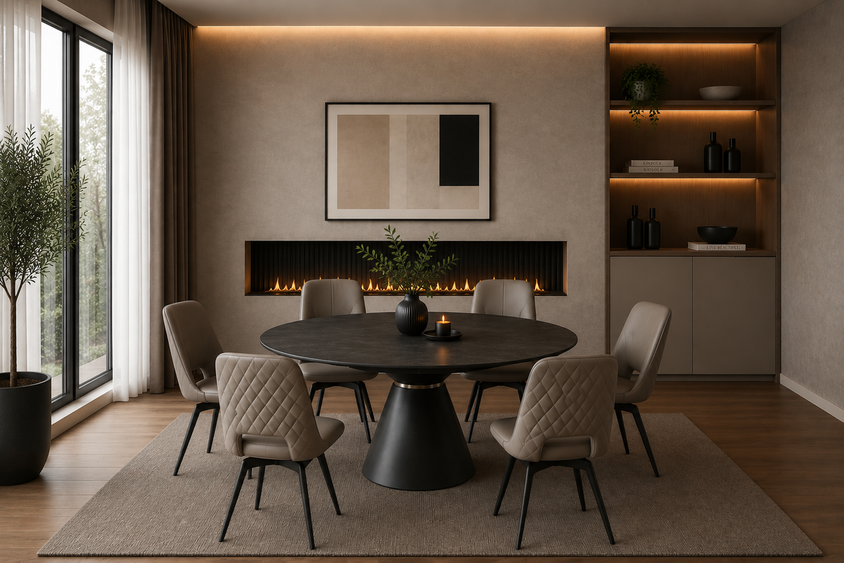 Carlton Furniture Lucca Bubble Extending Dining Round Table with Volcano Ceramic Top — lifestyle setting
