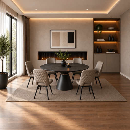 Carlton Furniture Lucca Bubble Extending Dining Round Table with Volcano Ceramic Top — lifestyle setting