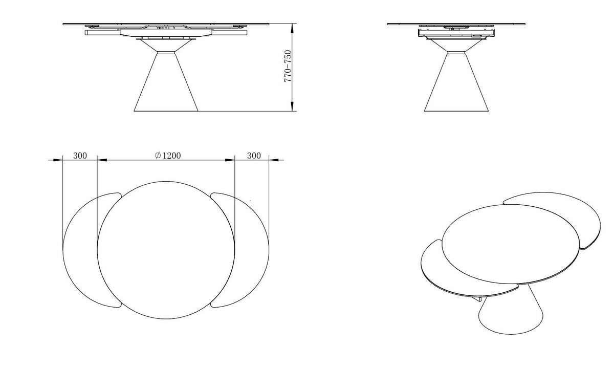 Carlton Furniture Lucca Bubble Extending Dining Round Table with Volcano Ceramic Top — supplier extension and dimensions diagram