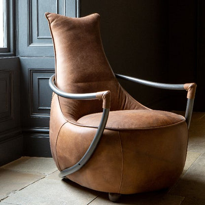 Carlton Furniture Maverick Retro Relax Armchair - angled room view of warm brown relax chair and curved frame
