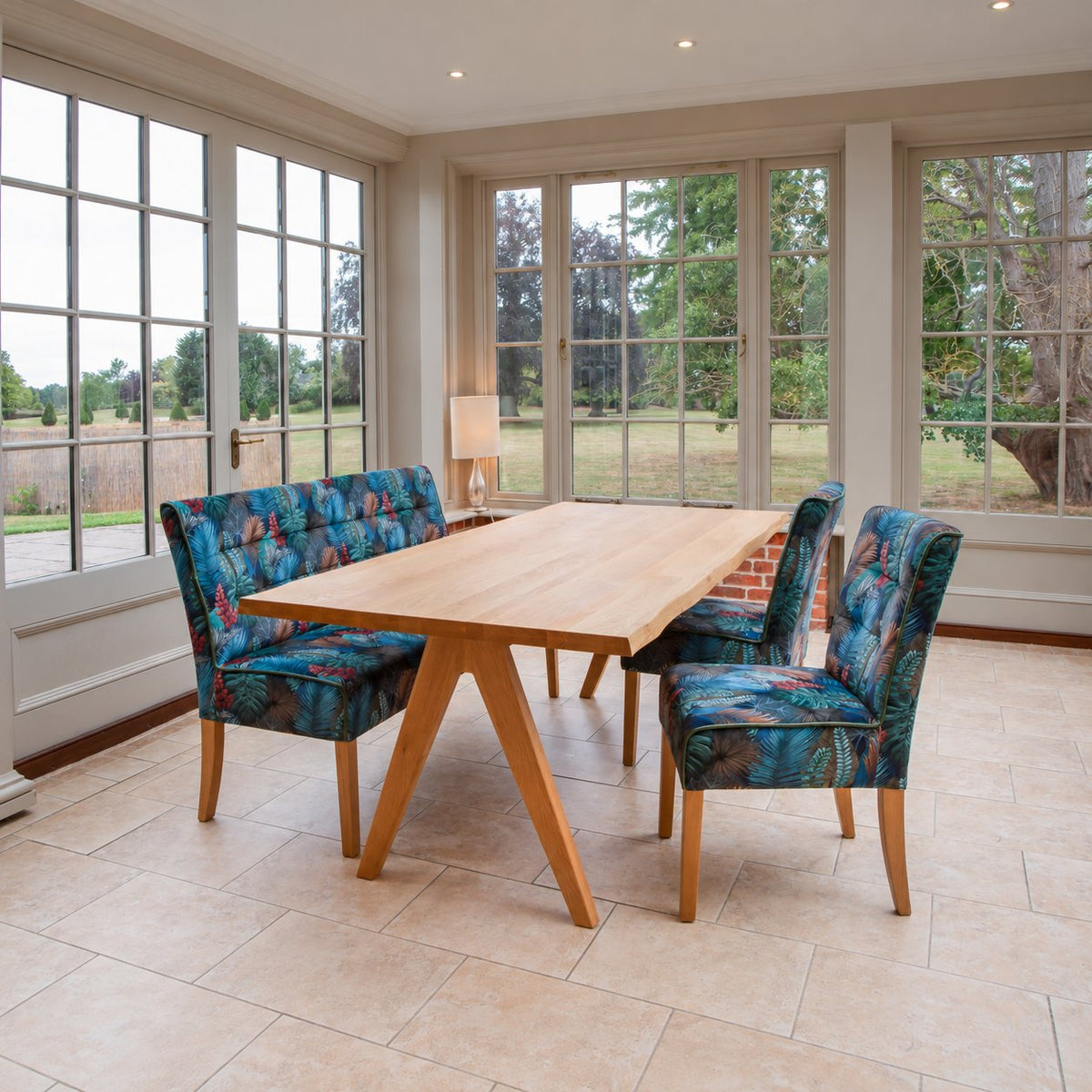 Carlton Furniture Modena Dining Table with A Shape Wooden Legs in Natural Oiled - room view of natural-oiled top and wooden A legs