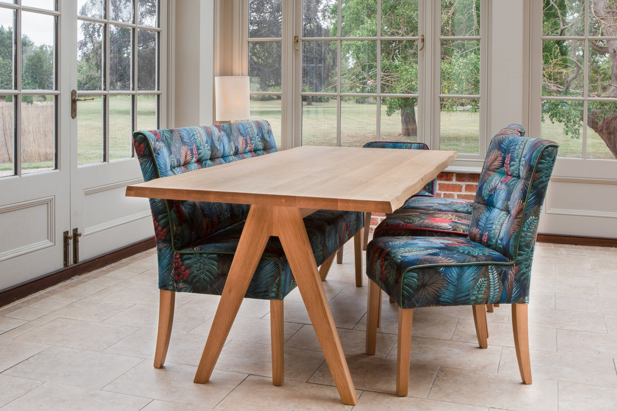 Carlton Furniture Modena Dining Table with A Shape Wooden Legs in Natural Oiled - room view of natural-oiled top and wooden A legs