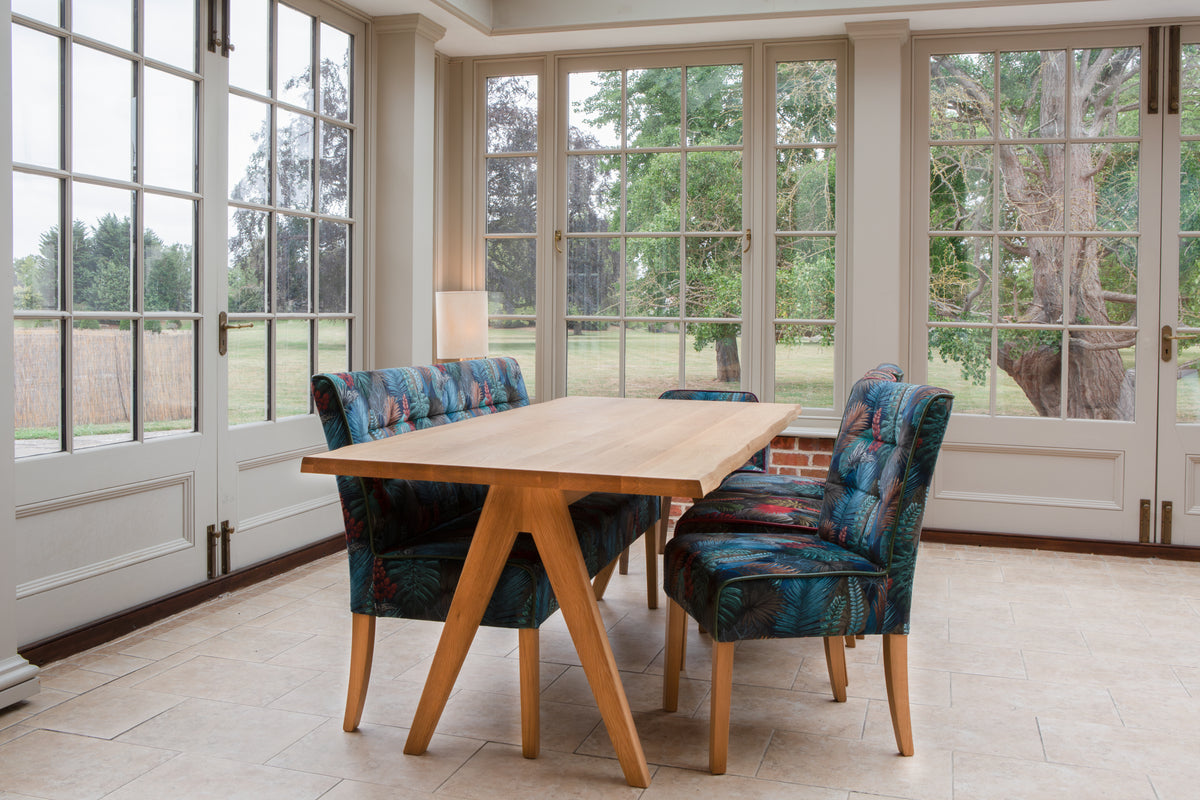 Carlton Furniture Modena Dining Table with A Shape Wooden Legs in Natural Oiled - room view of natural-oiled top and wooden A legs
