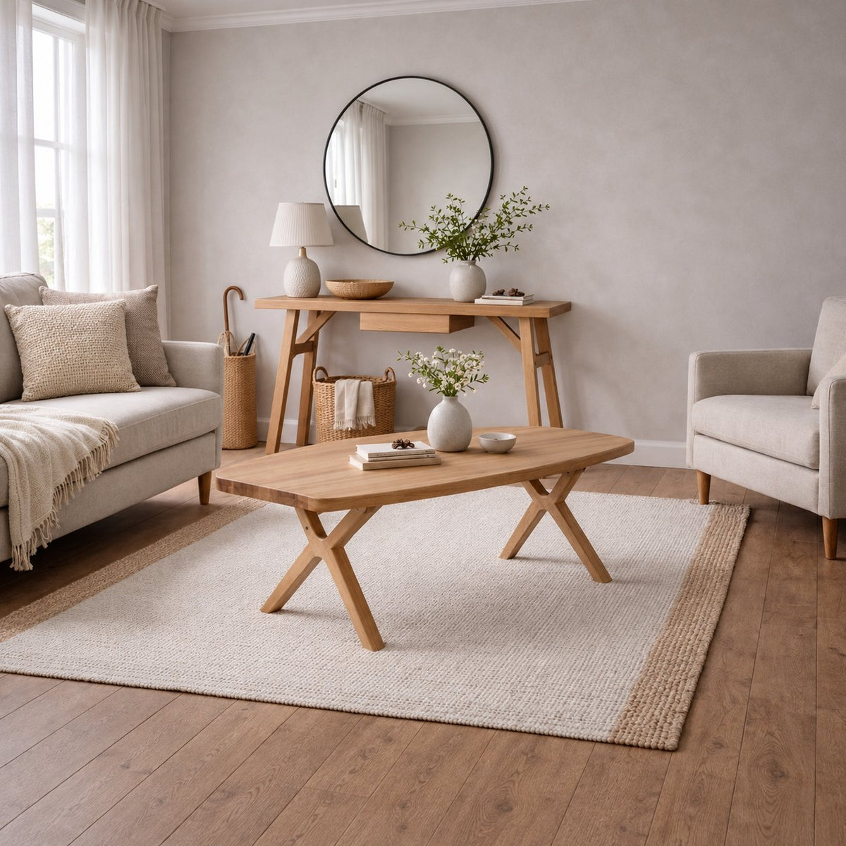 Carlton Furniture Morgan Bow X Leg Coffee Table in Grey Oiled - lifestyle view