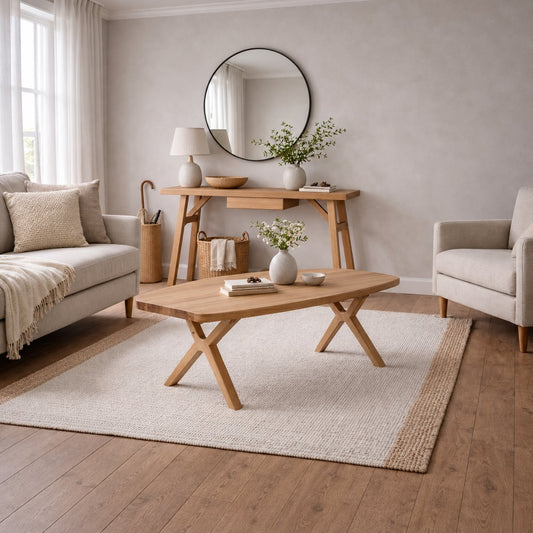 Carlton Furniture Morgan Bow X Leg Coffee Table in Grey Oiled - lifestyle view