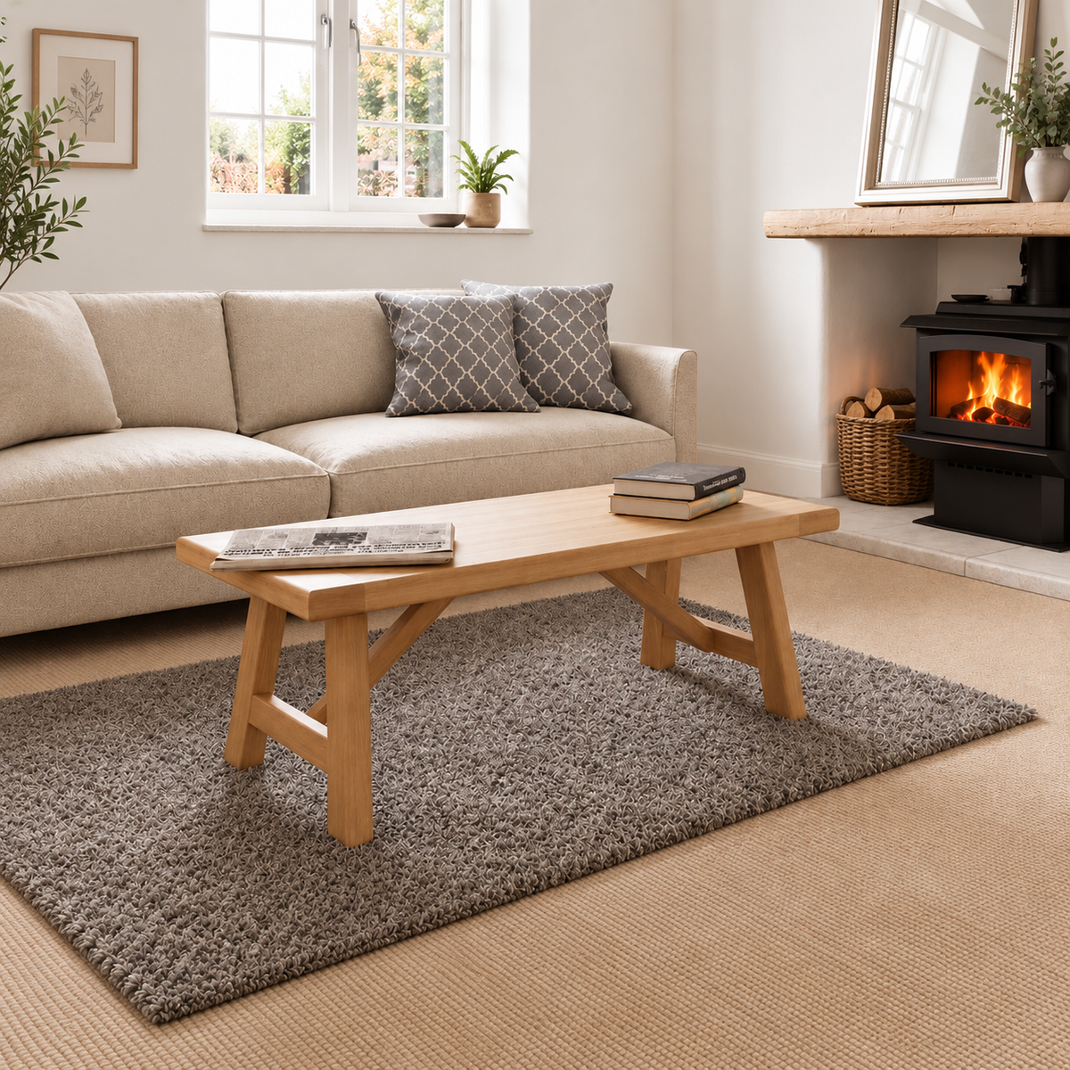 Carlton Furniture Morgan Trestle Coffee Table in Grey Oiled Finish shown in a room setting