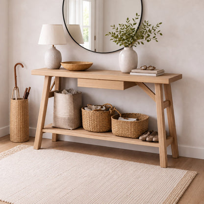 Carlton Furniture Morgan Trestle Console Table in Grey Oiled - lifestyle view with lower shelf