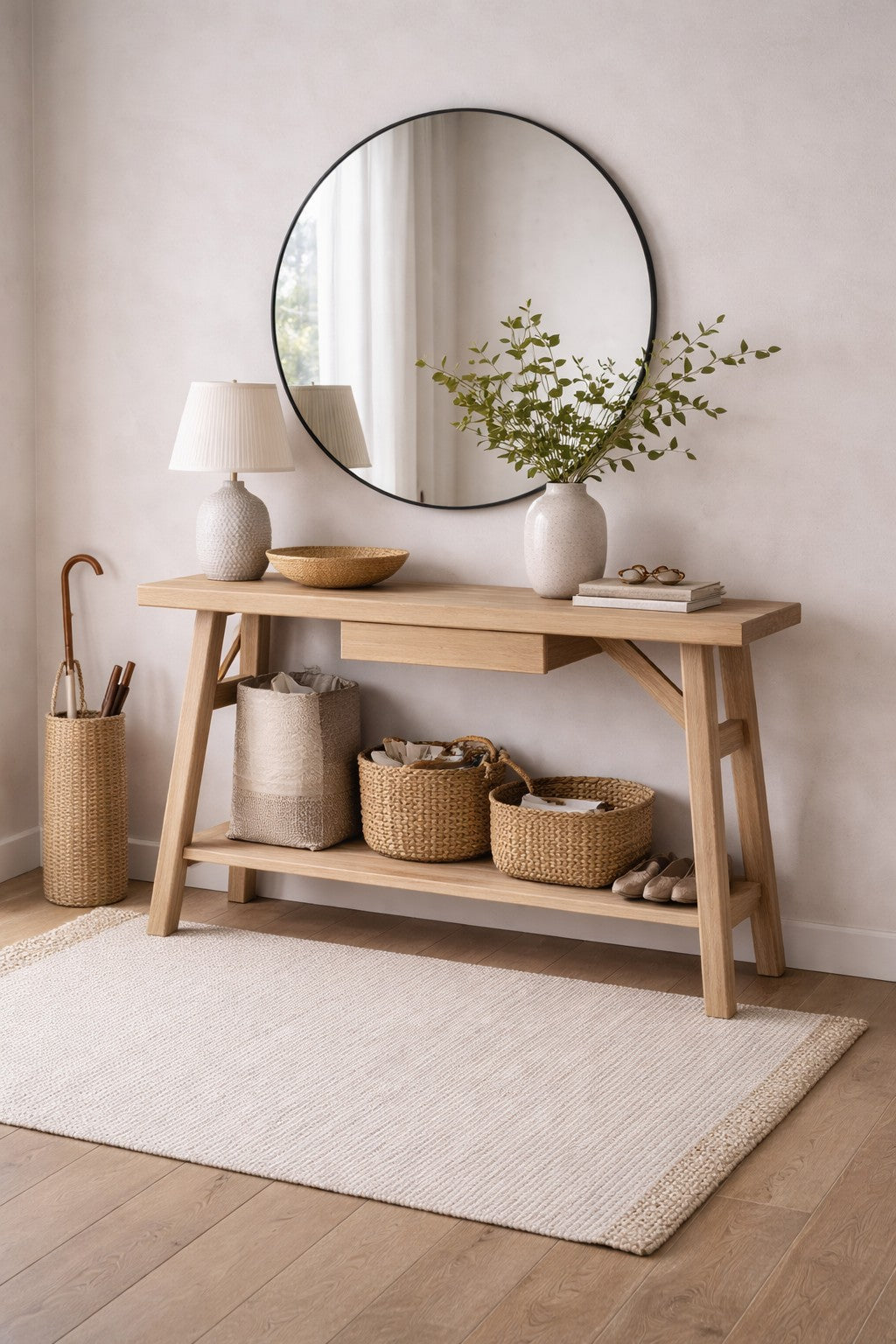 Carlton Furniture Morgan Trestle Console Table in Grey Oiled - lifestyle detail with drawer and lower shelf