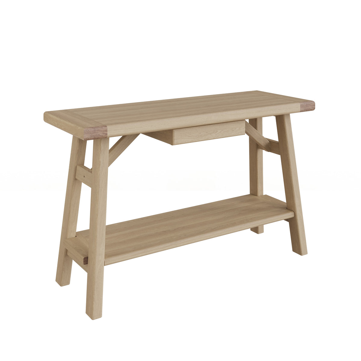 Carlton Furniture Morgan Trestle Console Table in Grey Oiled - front cutout view with lower shelf