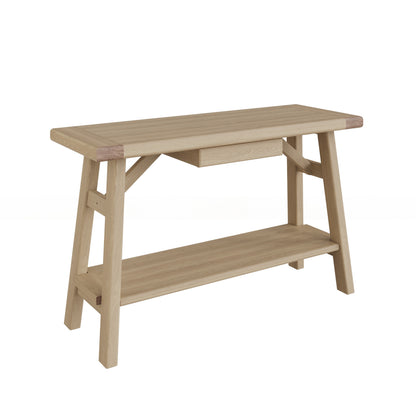Carlton Furniture Morgan Trestle Console Table in Grey Oiled - front cutout view with lower shelf