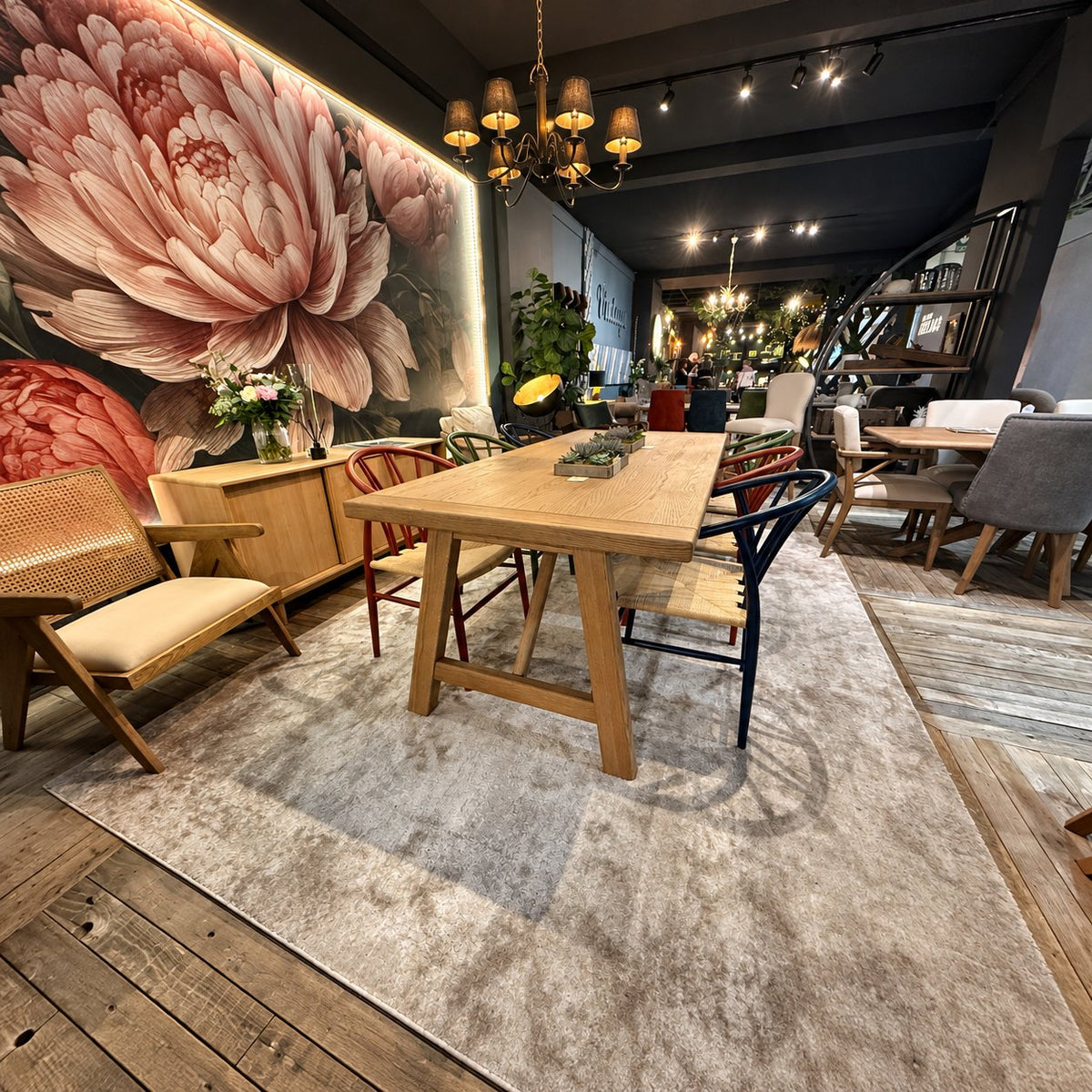 Carlton Furniture Morgan Trestle Dining Table in Grey Oiled - showroom lifestyle view