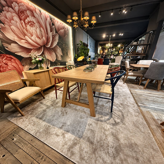 Carlton Furniture Morgan Trestle Dining Table in Grey Oiled - showroom lifestyle view