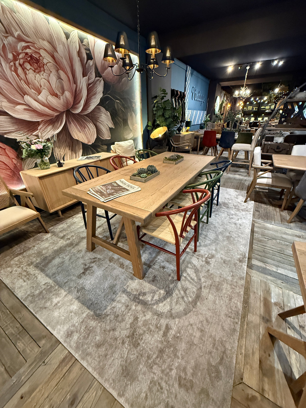 Carlton Furniture Morgan Trestle Dining Table in Grey Oiled - showroom lifestyle view