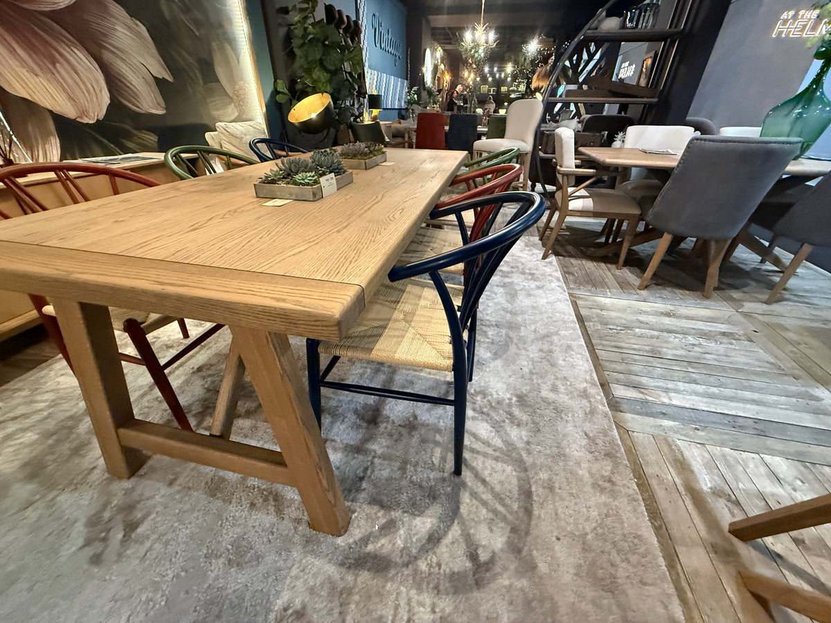 Carlton Furniture Morgan Trestle Dining Table in Grey Oiled - tabletop and trestle base detail