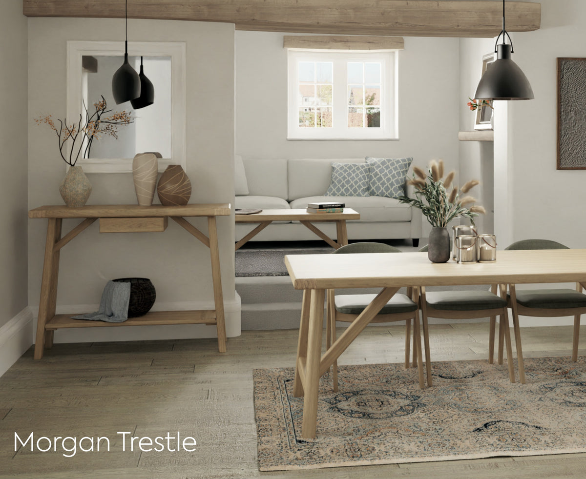 Carlton Furniture Morgan Trestle Dining Table in Grey Oiled - styled dining room scene