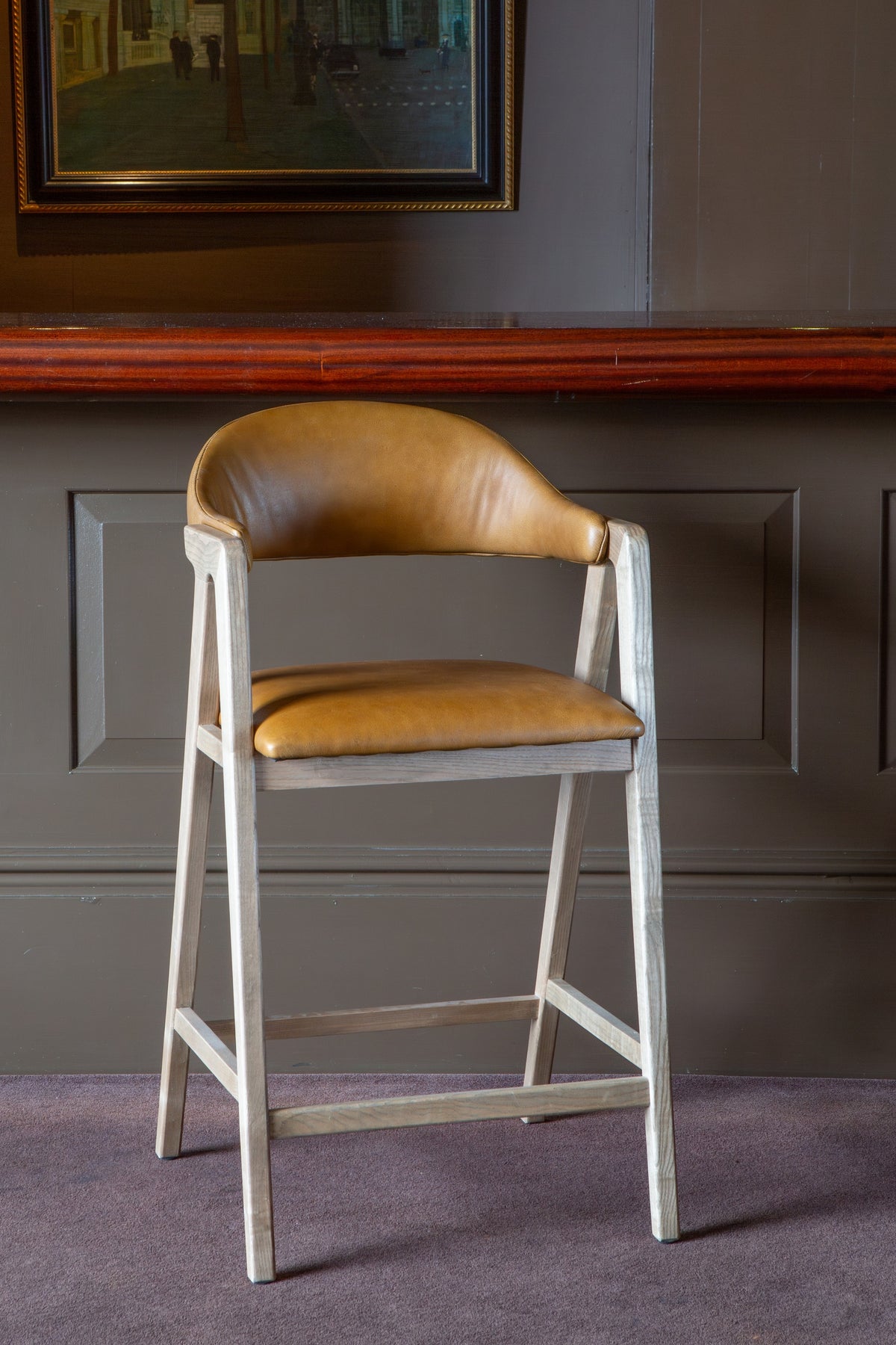 Carlton Furniture Ossby Barstool with Crossrail Tan Leather Grey Oiled Finish — lifestyle setting