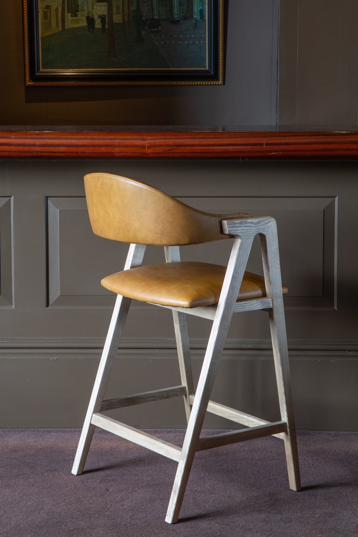 Carlton Furniture Ossby Barstool with Crossrail Tan Leather Grey Oiled Finish — lifestyle setting