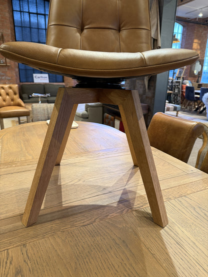 Carlton Furniture Pair of Atlanta Swivel Chairs - Tan Leather - Grey Oiled Legs — swivel seat and wooden leg detail
