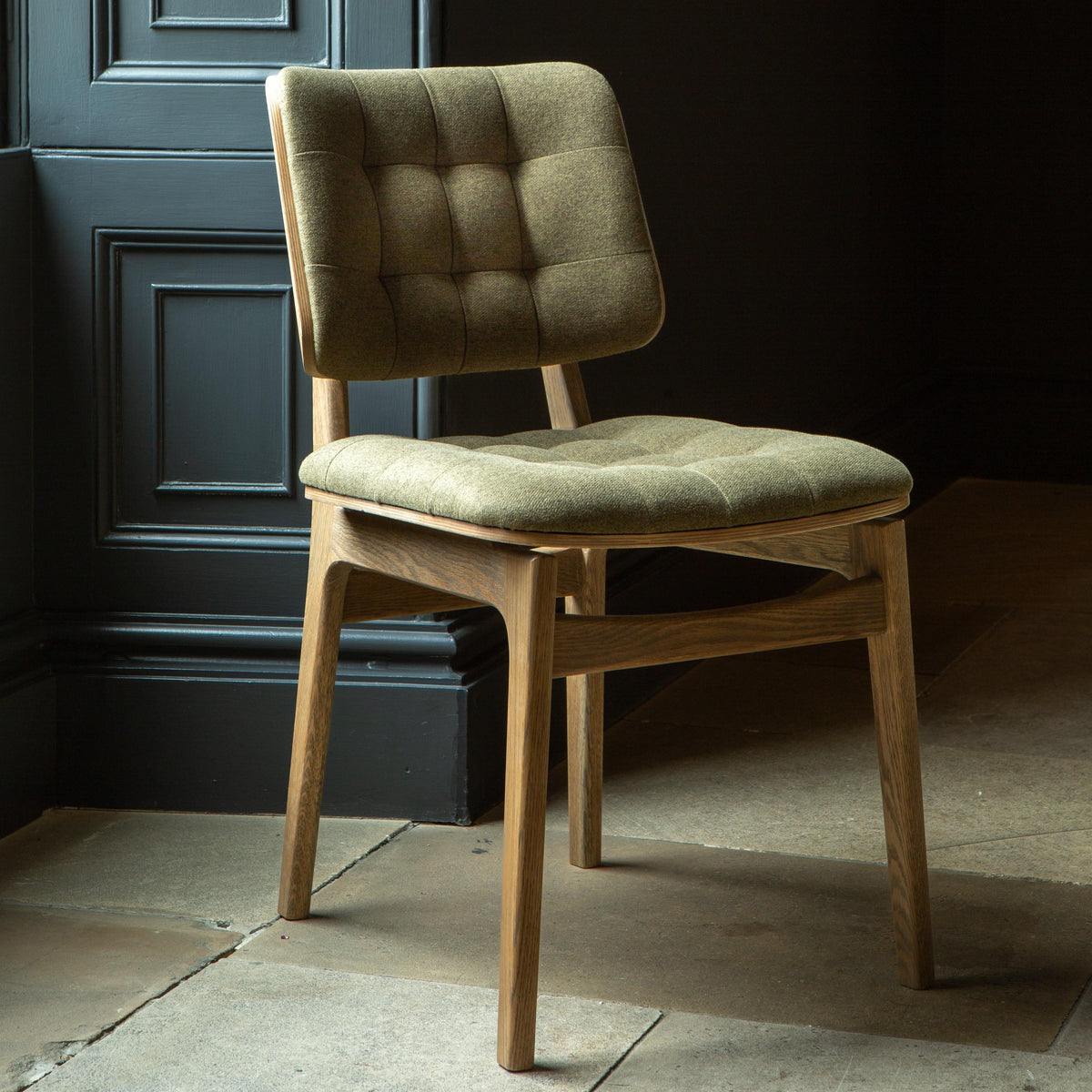 Carlton Furniture Pair of Boden Chairs upholstered seat and back in Hunter green Fabric Grey oil legs — lifestyle setting