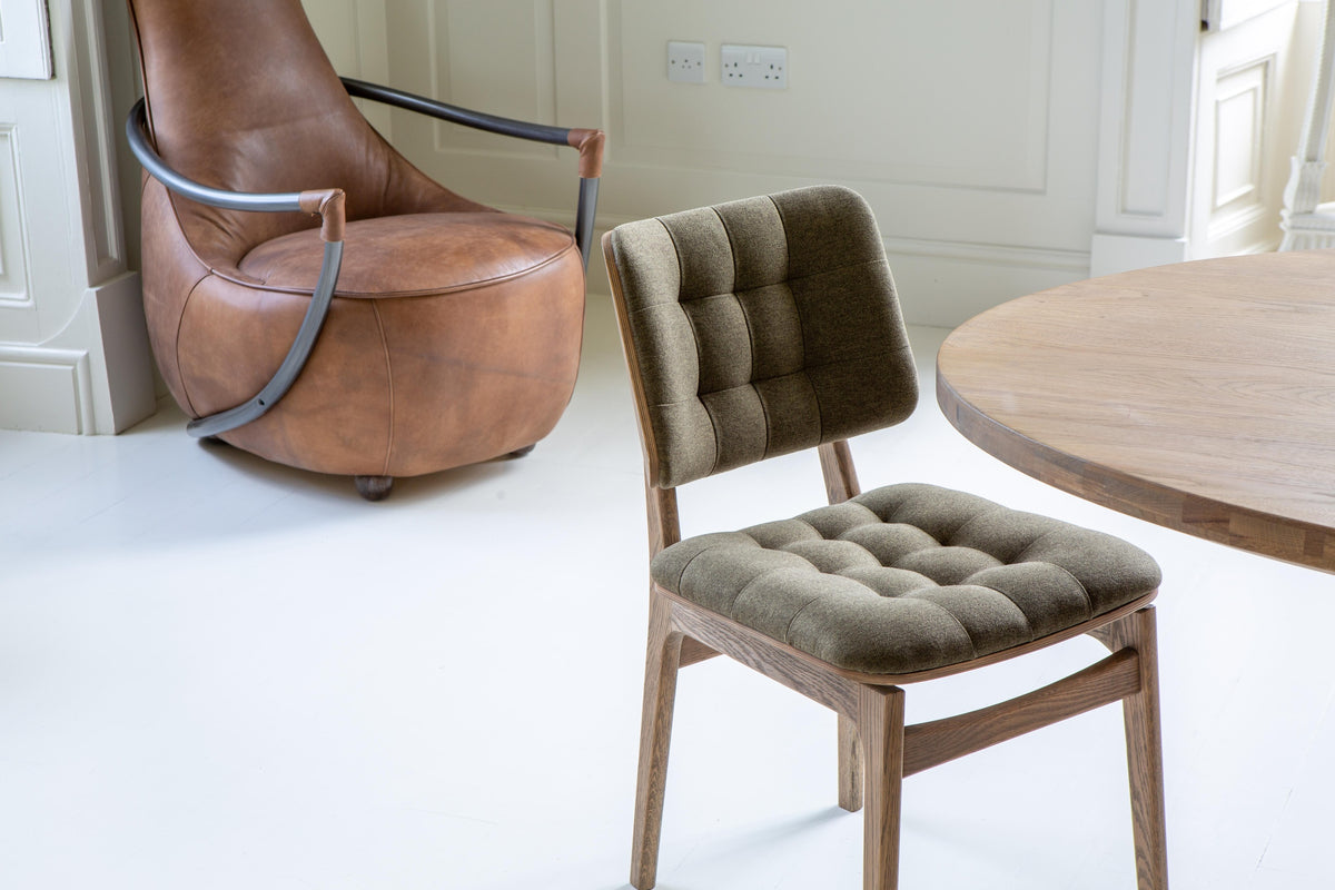 Carlton Furniture Pair of Boden Chairs upholstered seat and back in Hunter green Fabric Grey oil legs — lifestyle setting