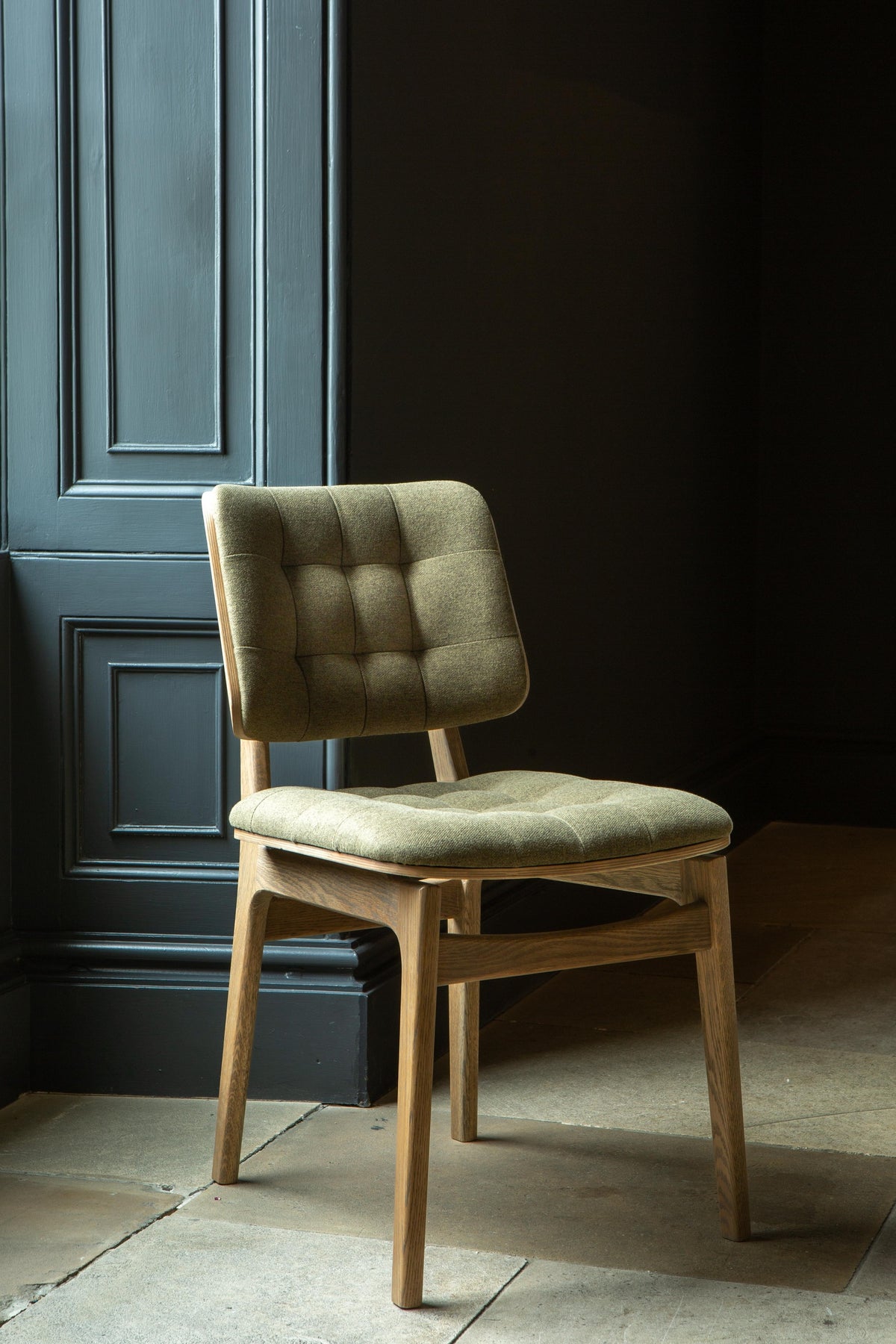 Carlton Furniture Pair of Boden Chairs upholstered seat and back in Hunter green Fabric Grey oil legs — lifestyle setting