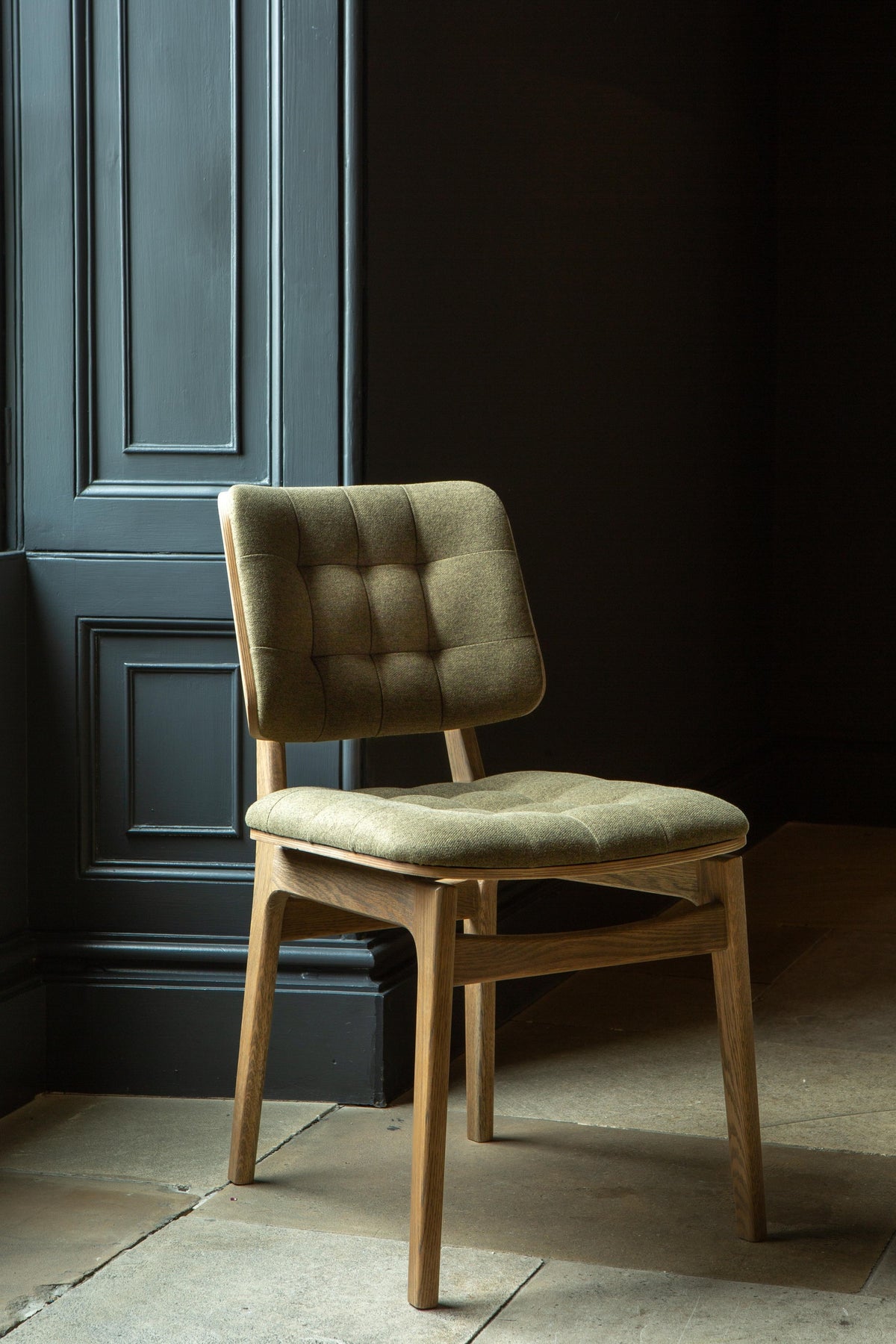 Carlton Furniture Pair of Boden Chairs upholstered seat and back in Hunter green Fabric Grey oil legs — lifestyle setting