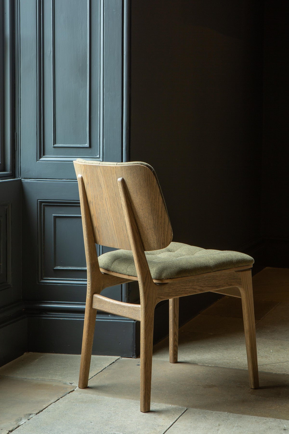 Carlton Furniture Pair of Boden Chairs upholstered seat and back in Hunter green Fabric Grey oil legs — lifestyle setting