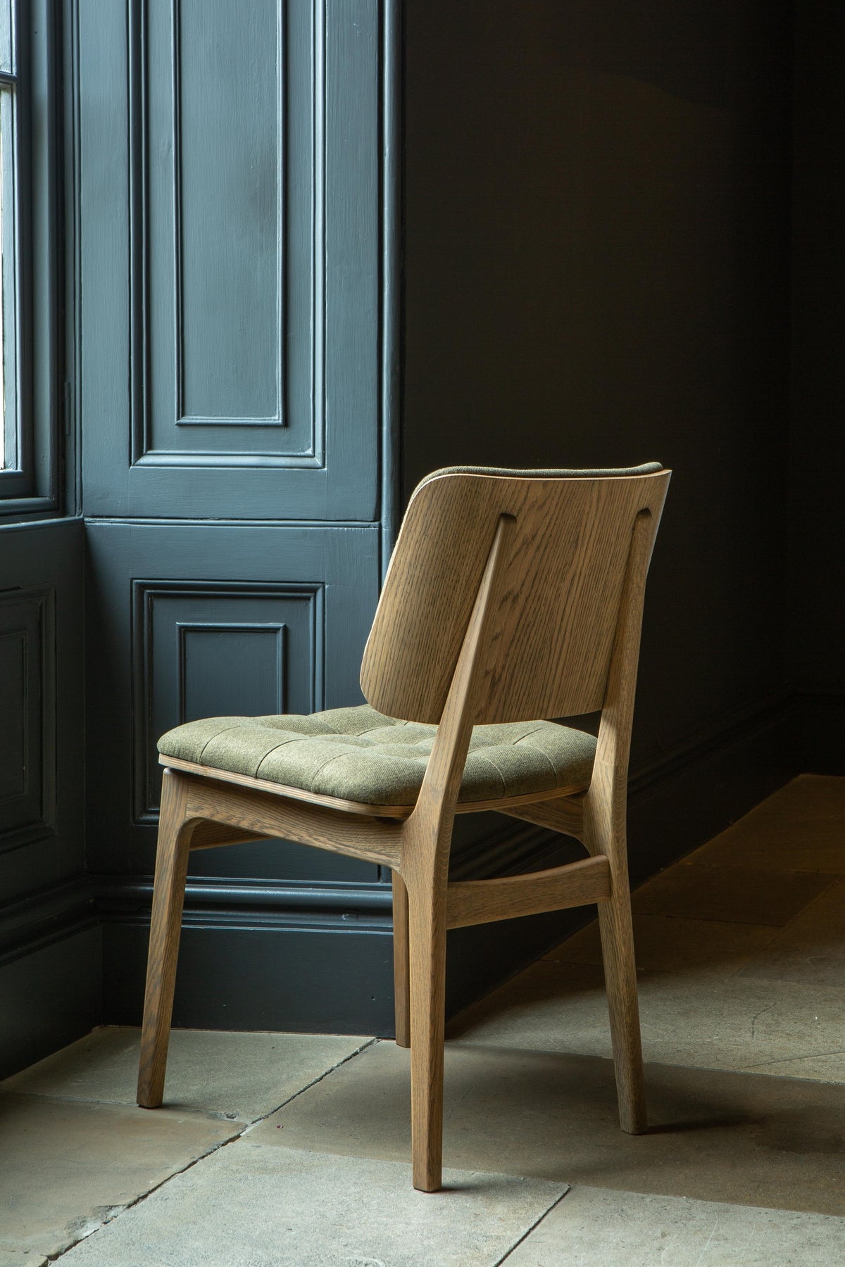 Carlton Furniture Pair of Boden Chairs upholstered seat and back in Hunter green Fabric Grey oil legs — lifestyle setting