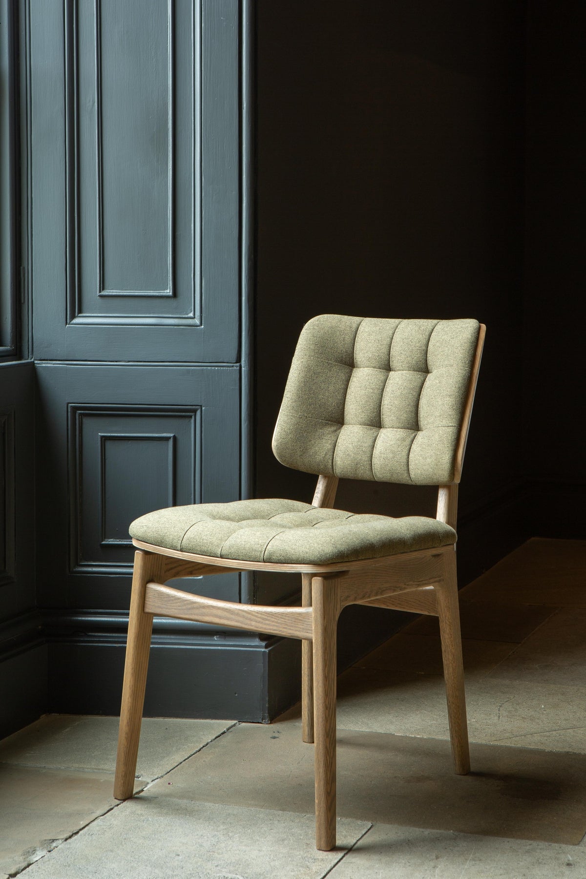 Carlton Furniture Pair of Boden Chairs upholstered seat and back in Hunter green Fabric Grey oil legs — lifestyle setting